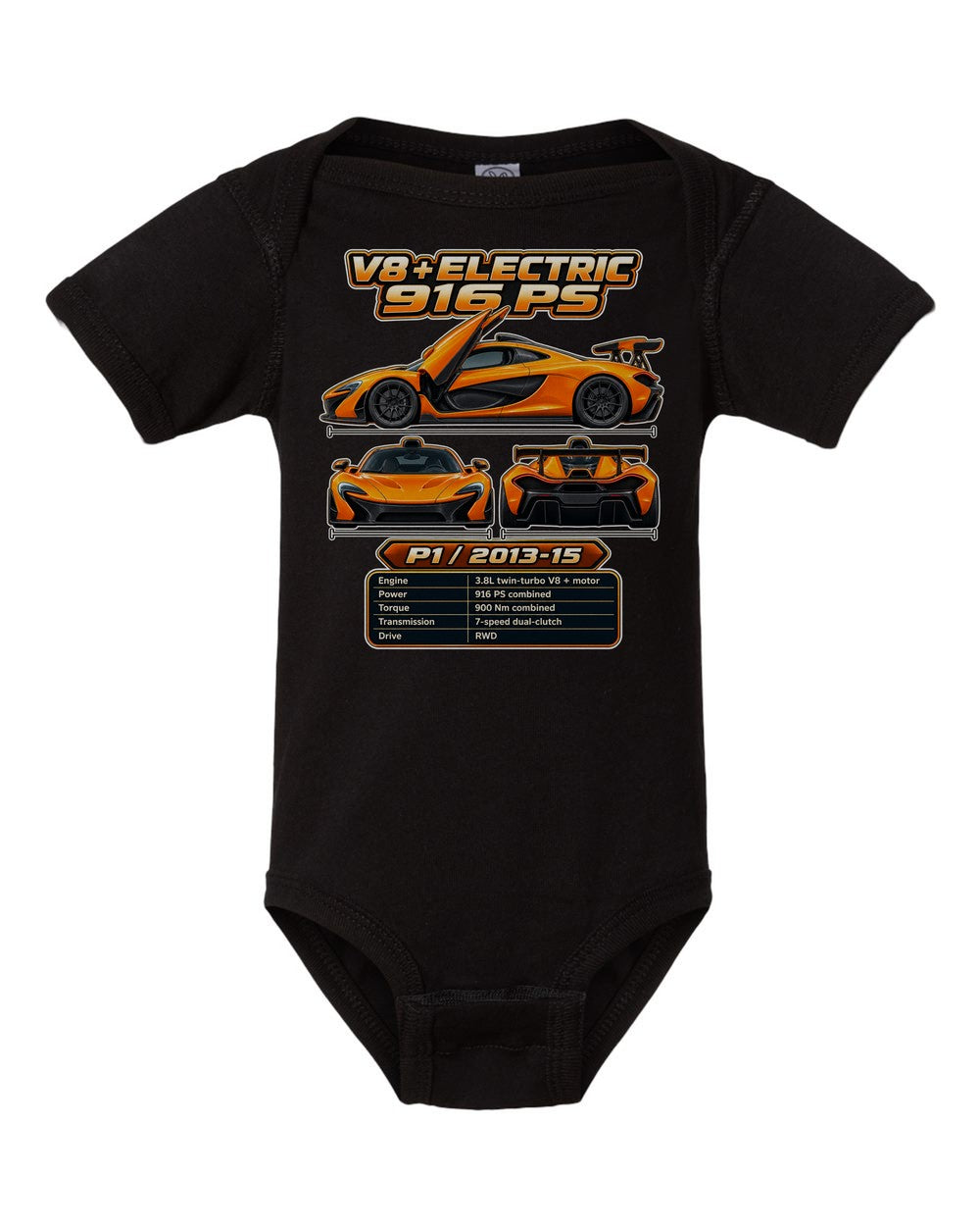 Mclaren P1 spec sheet black baby onesie front view