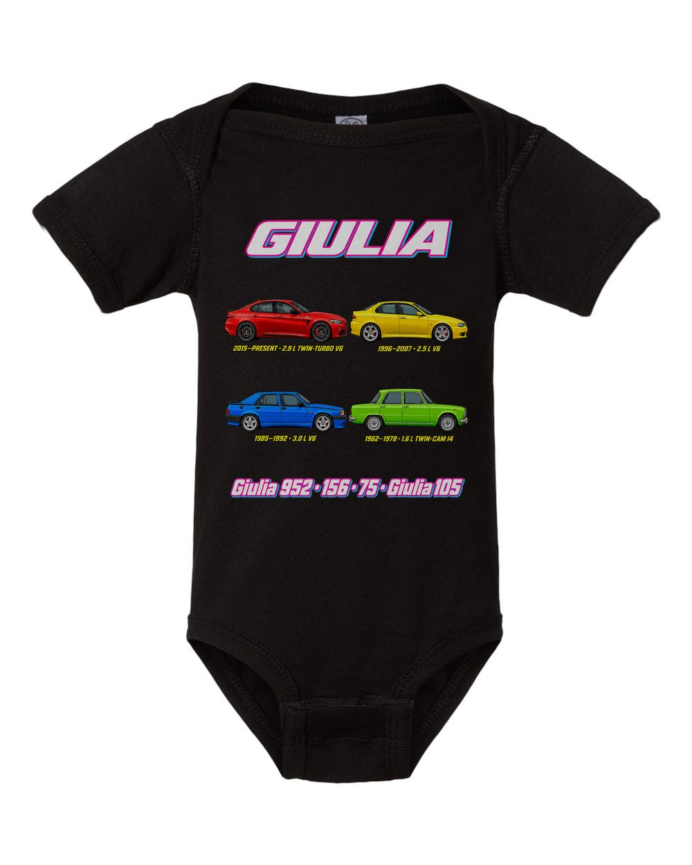 Alfa Giulia evolution poster black baby onesie front view