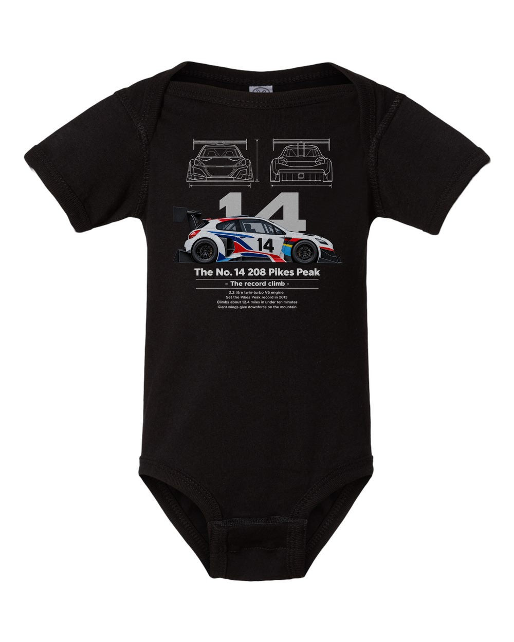 No. 14 208 Pikes Peak black baby onesie front view