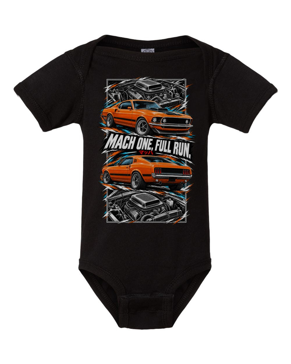 Ford Mustang Mach 1 torn poster black baby onesie front view