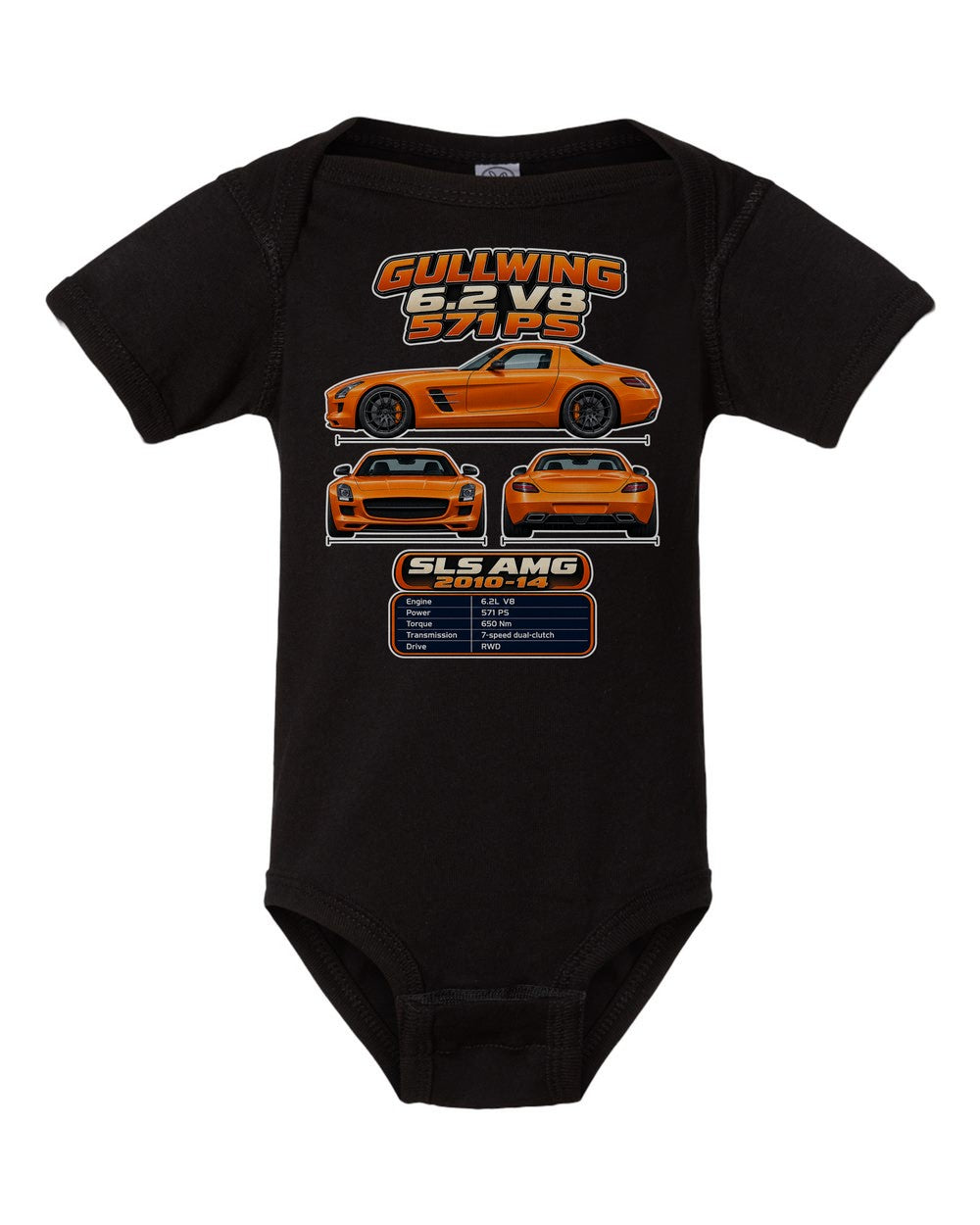Mercedes Sls AMG spec sheet black baby onesie front view