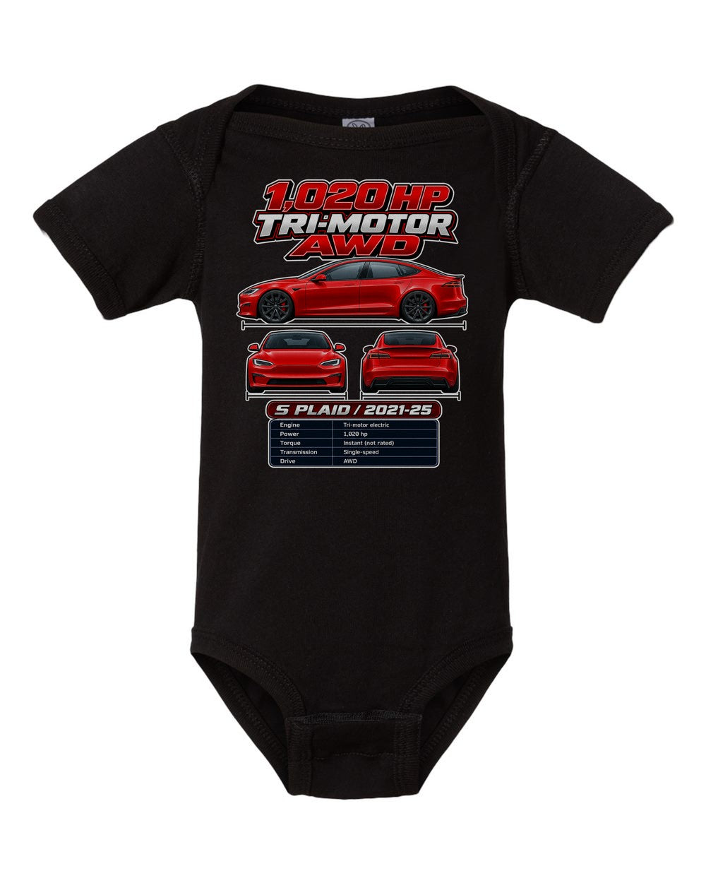 Tesla Model S Plaid spec sheet black baby onesie front view