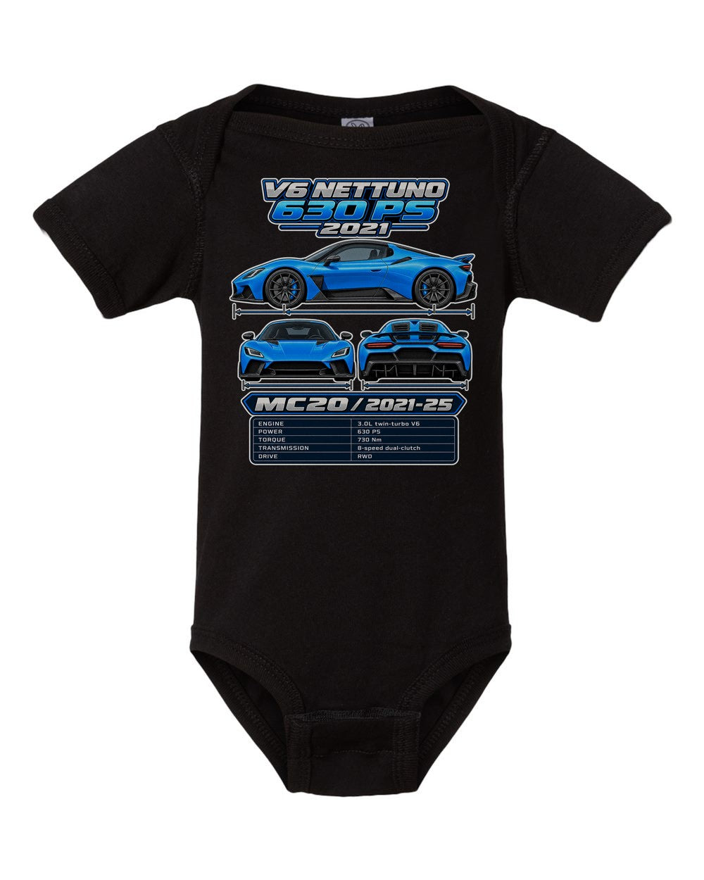 Maserati Mc20 spec sheet black baby onesie front view