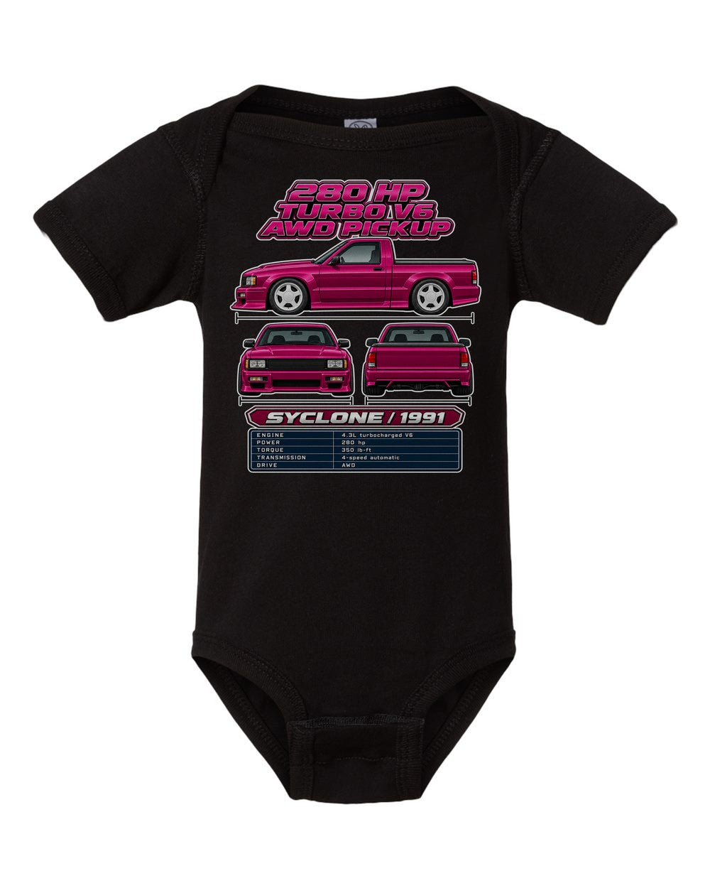 GMC Syclone spec sheet black baby onesie front view