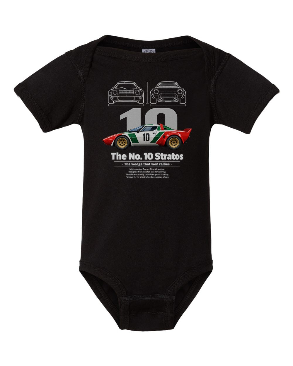 No. 10 Stratos black baby onesie front view