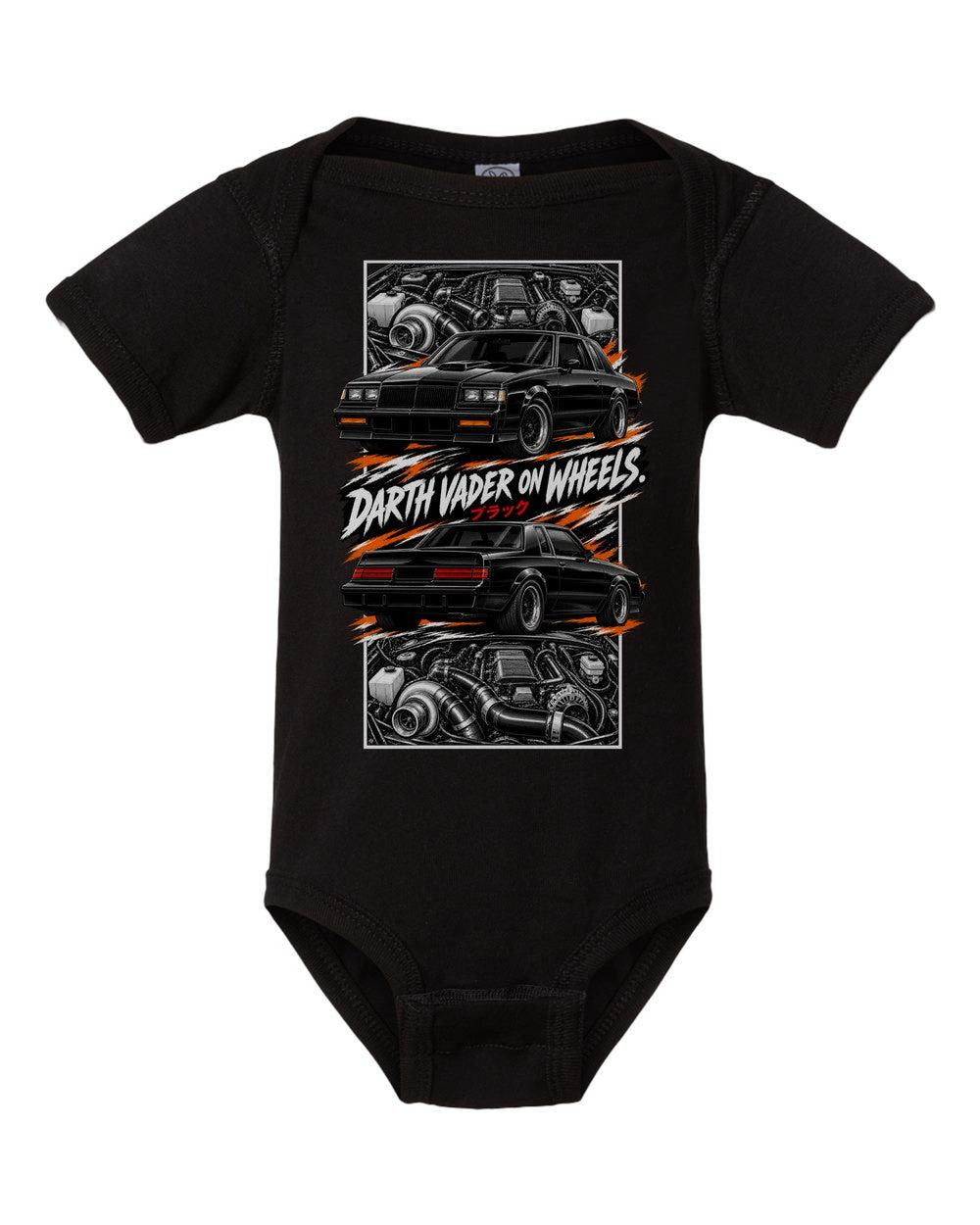 Buick Grand National torn poster black baby onesie front view
