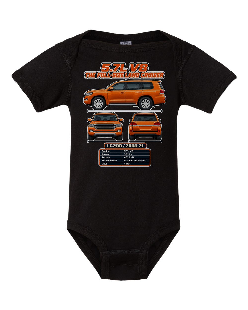 Toyota Land Cruiser 200 spec sheet black baby onesie front view