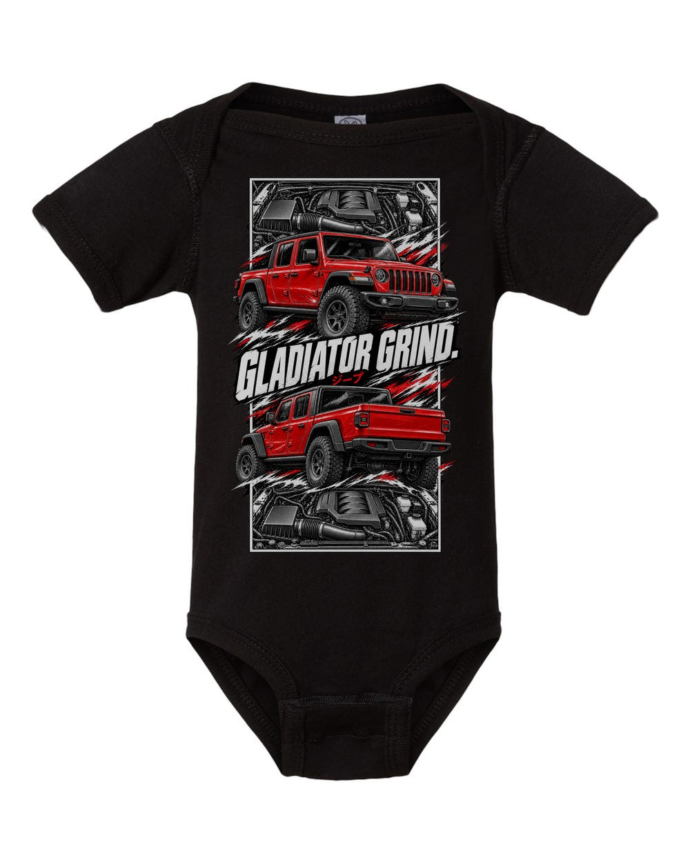 Jeep Gladiator torn poster black baby onesie front view