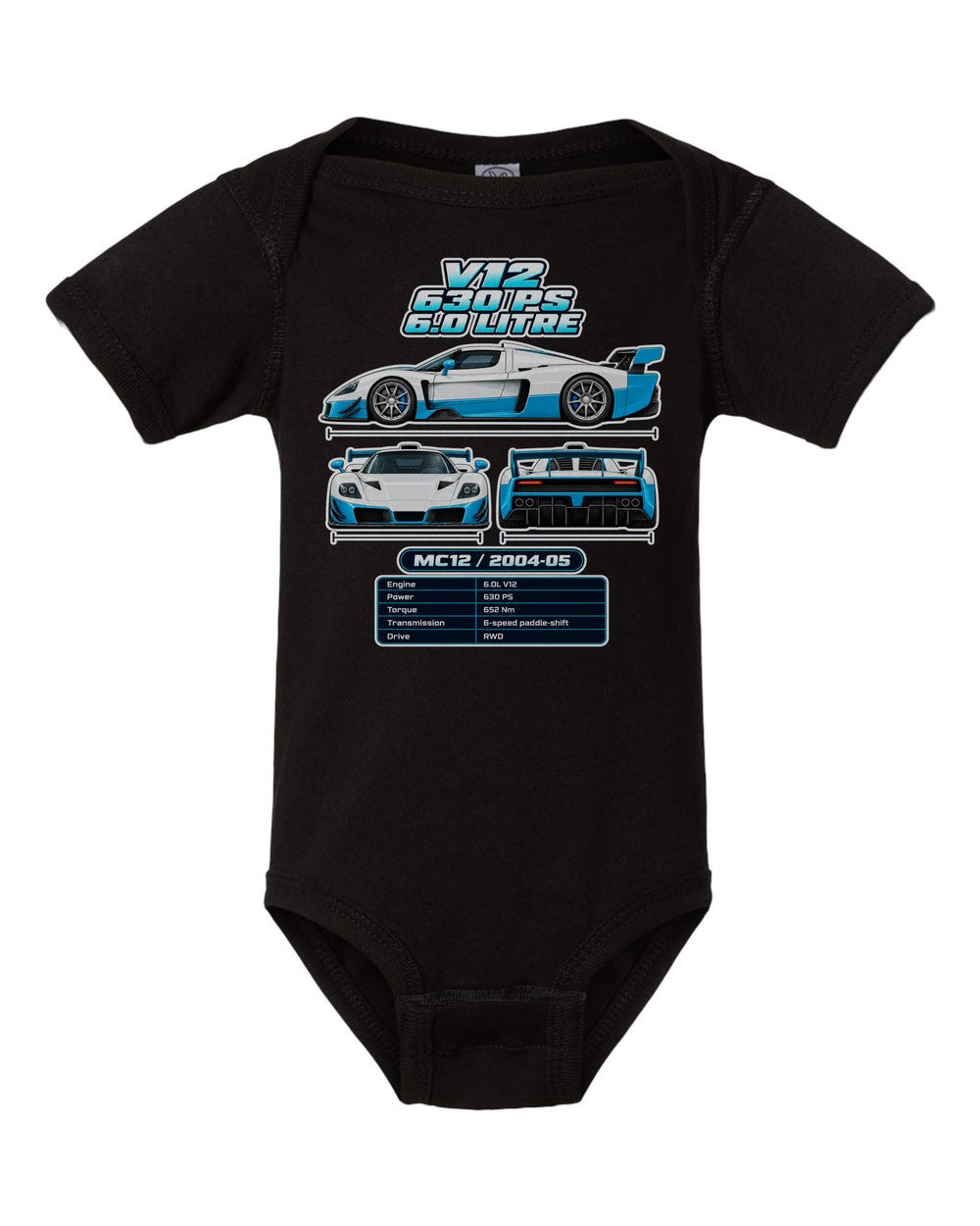 Maserati Mc12 spec sheet black baby onesie front view