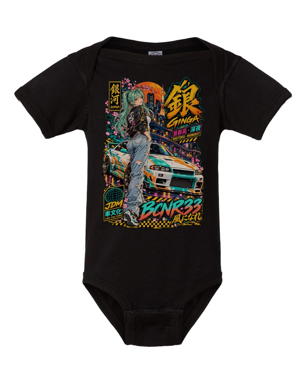 GINGA BCNR33 black baby onesie front view with artwork