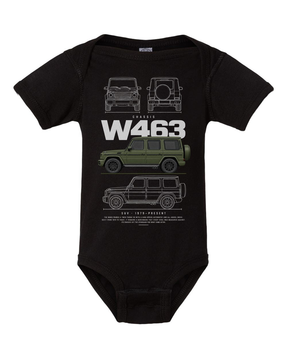 W463 artwork black baby onesie front view