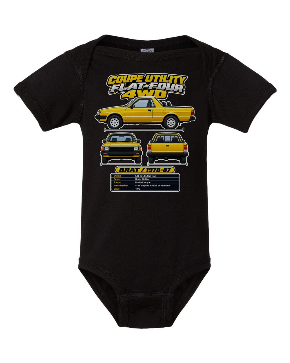 Subaru Brat spec sheet black baby onesie front view