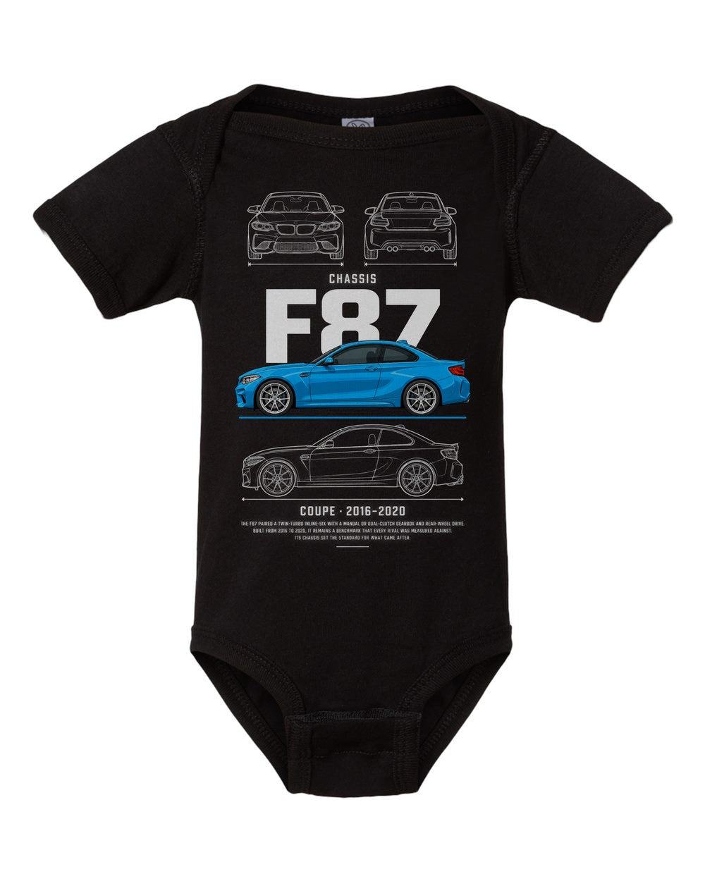 F87 artwork black baby onesie front view