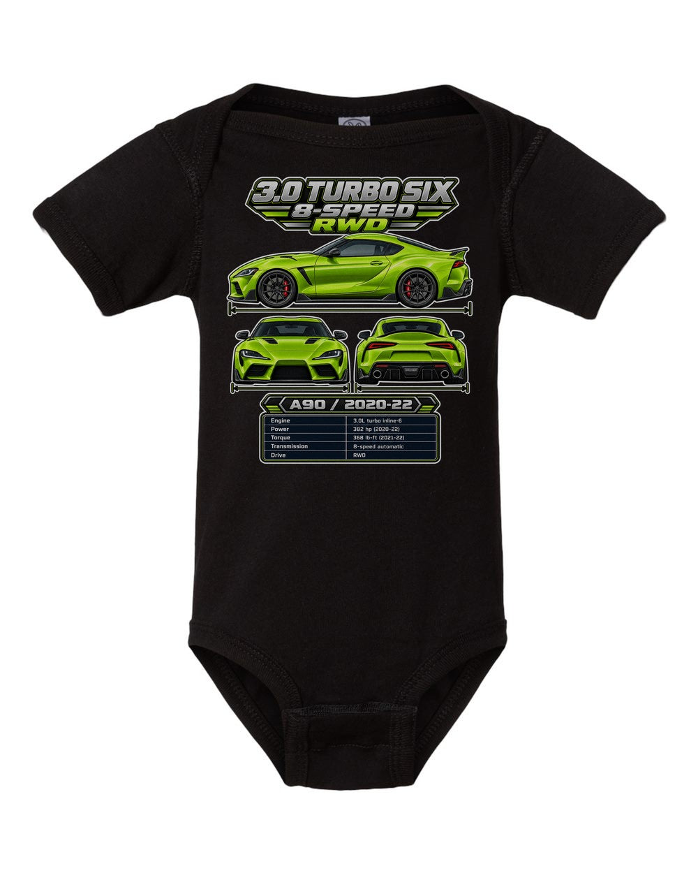 Toyota GR Supra A90 spec sheet black baby onesie front view