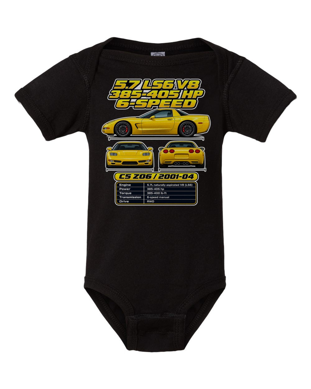 Chevrolet Corvette C5 Z06 spec sheet black baby onesie front view