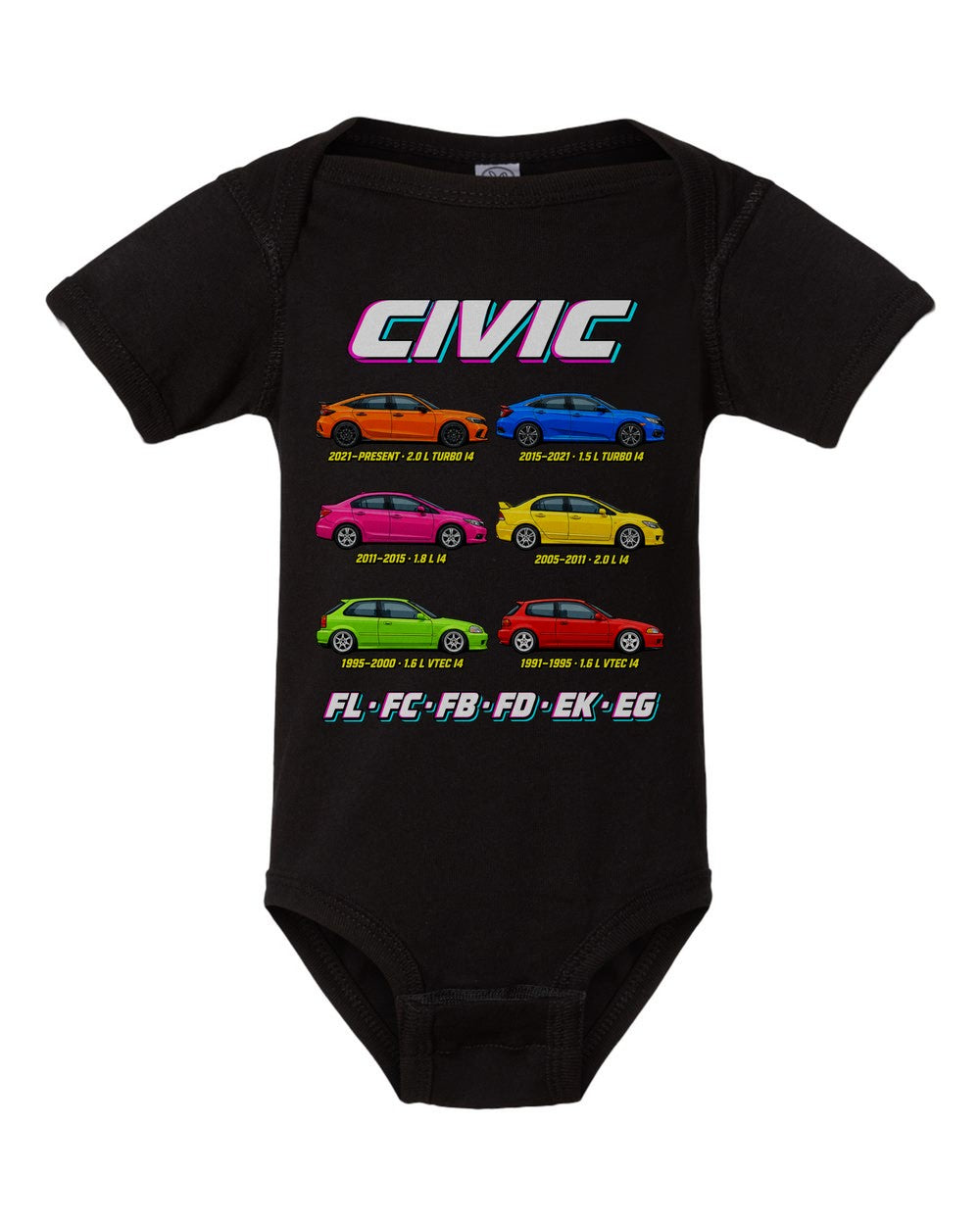 Honda Civic evolution poster black baby onesie front view
