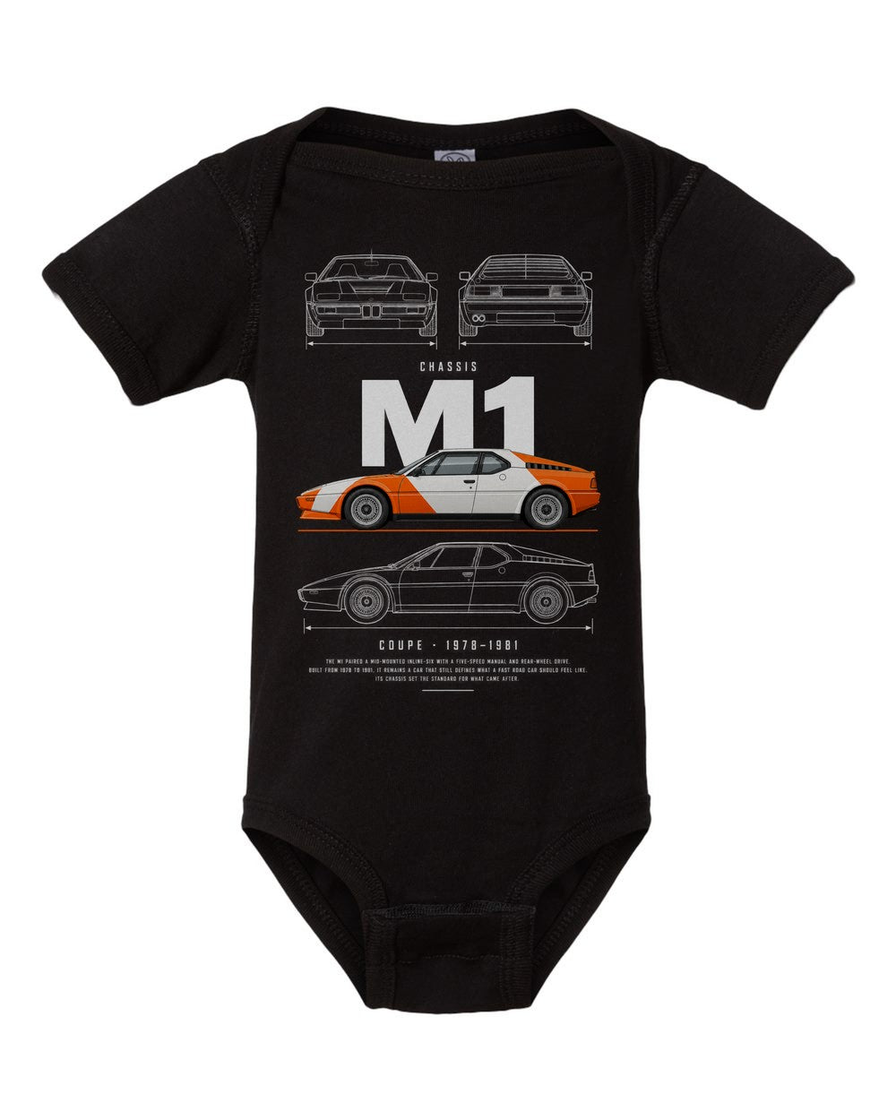 M1 artwork black baby onesie front view