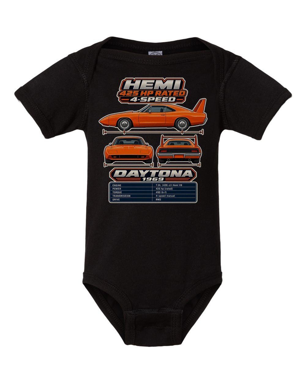 Dodge Charger Daytona spec sheet black baby onesie front view