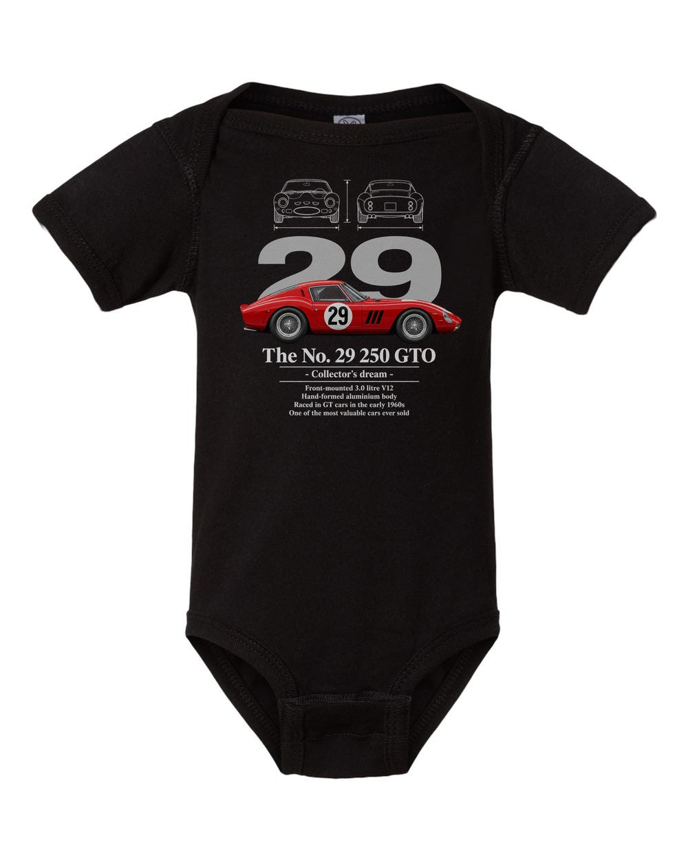 No. 29 250 GTO black baby onesie front view