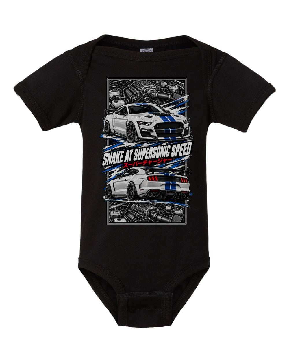 Shelby Gt500 torn poster black baby onesie front view
