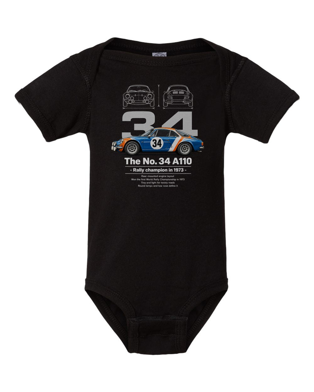 No. 34 A110 black baby onesie front view