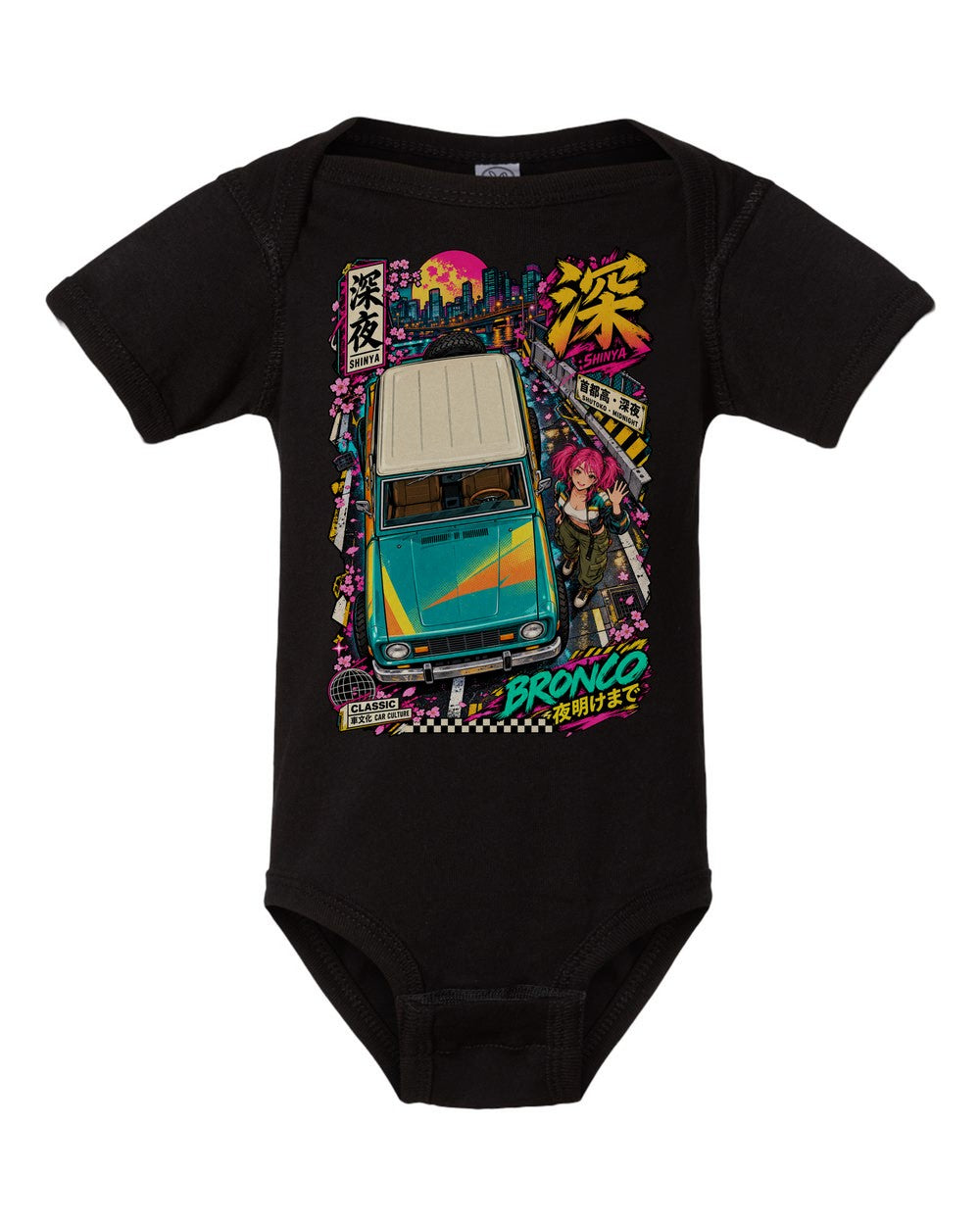 SHINYA BRONCO black baby onesie front view with artwork