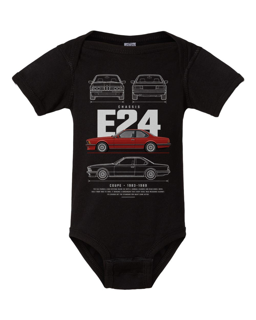 E24 artwork black baby onesie front view
