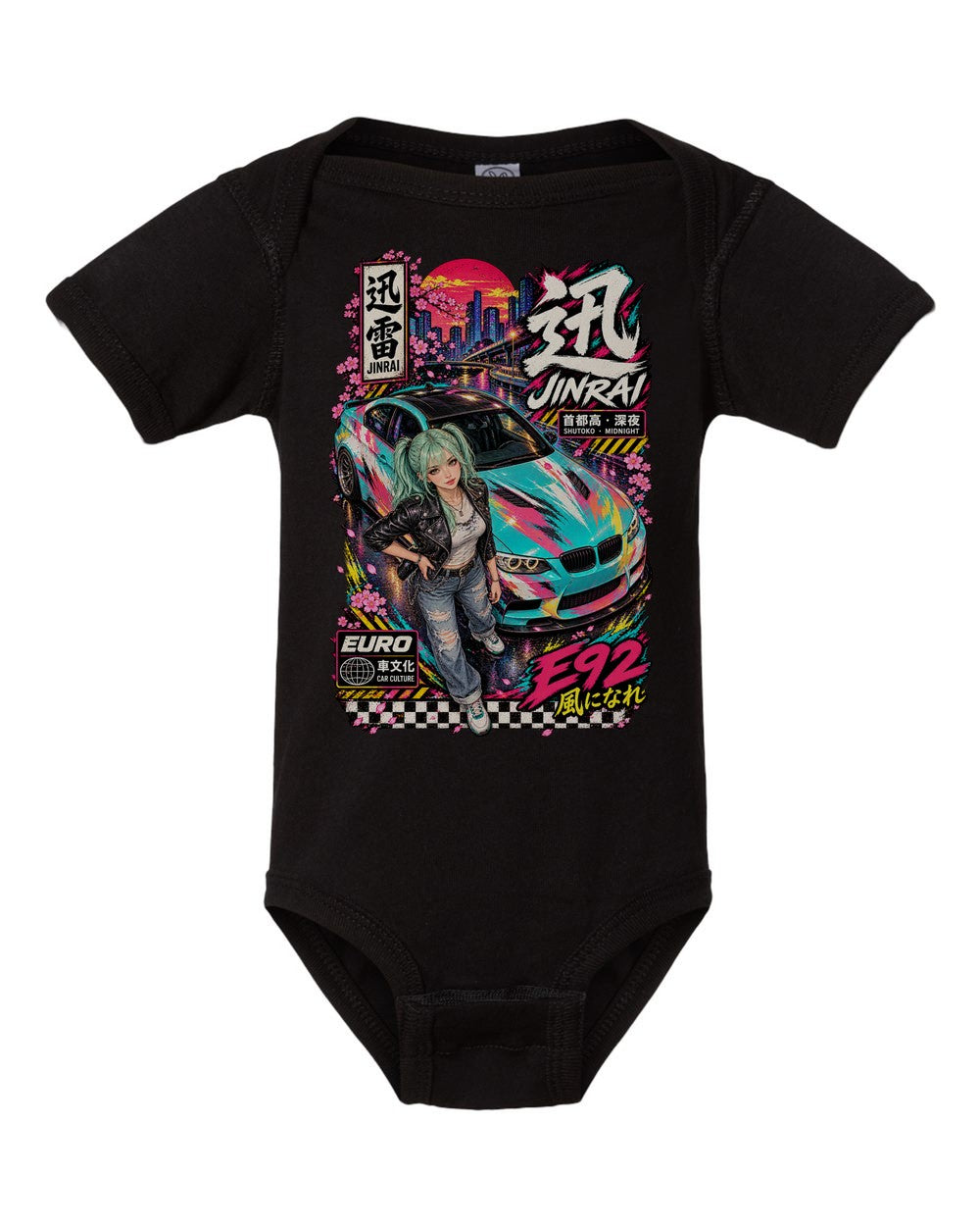 JINRAI E92 black baby onesie front view with artwork
