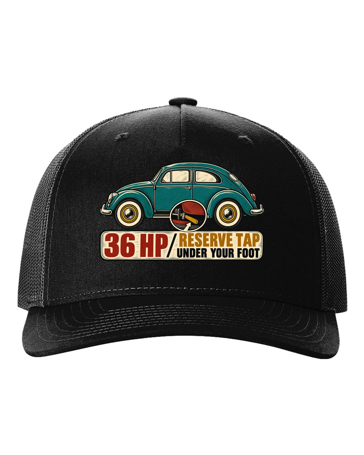 Multi-colour linocut of a 1955 oval-window VW Beetle with reserve tap lettering black hat front view with the design