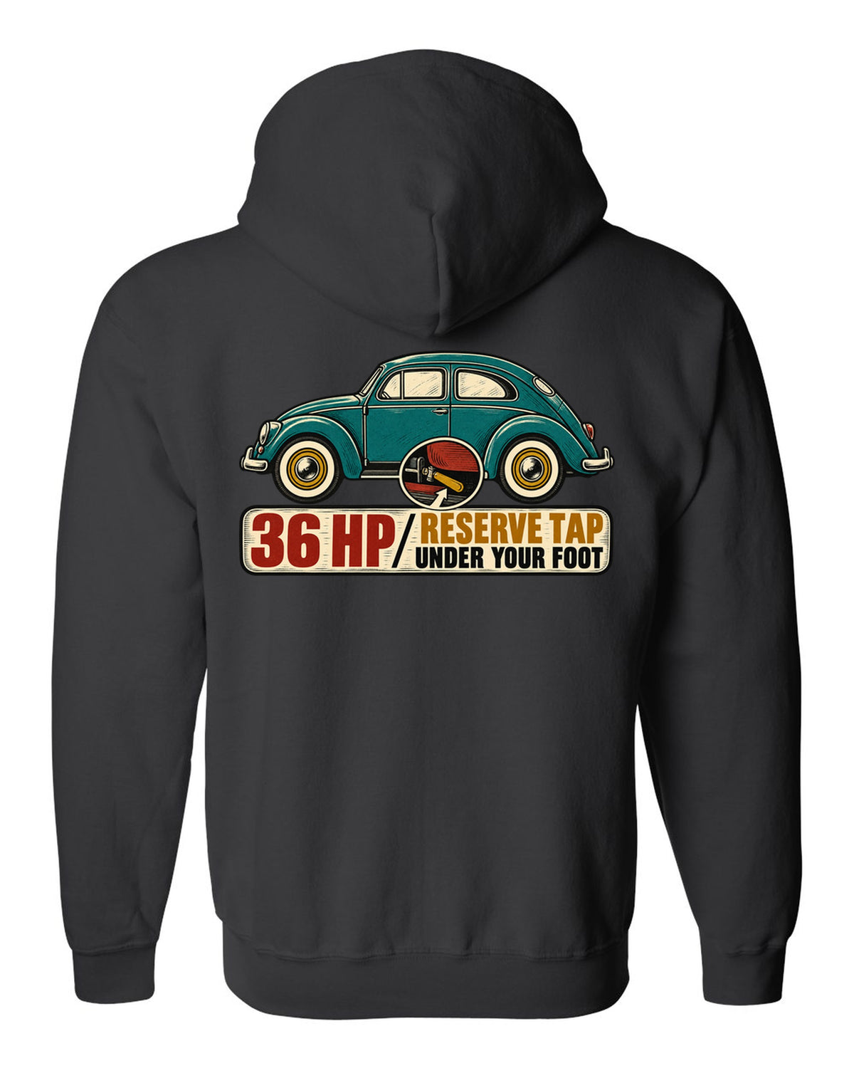 Multi-colour linocut of a 1955 oval-window VW Beetle with reserve tap lettering black zip hoodie back view with the design