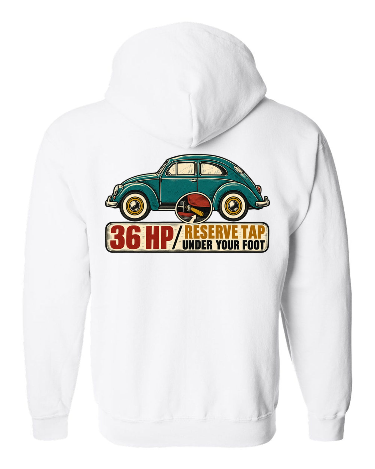 Multi-colour linocut of a 1955 oval-window VW Beetle with reserve tap lettering white zip hoodie back view with the design