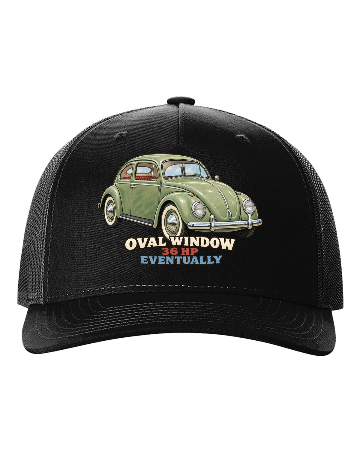Gouache painted print of a 1956 VW Beetle Type 1 oval window with 36 HP lettering black hat front view with the design