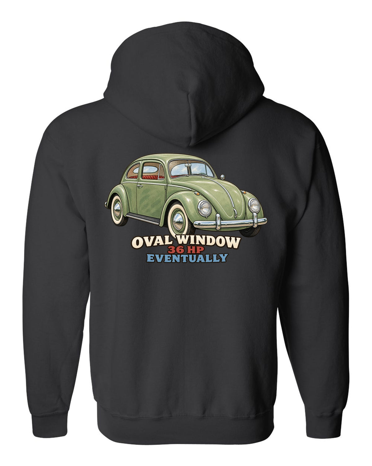 Gouache painted print of a 1956 VW Beetle Type 1 oval window with 36 HP lettering black zip hoodie back view with the design