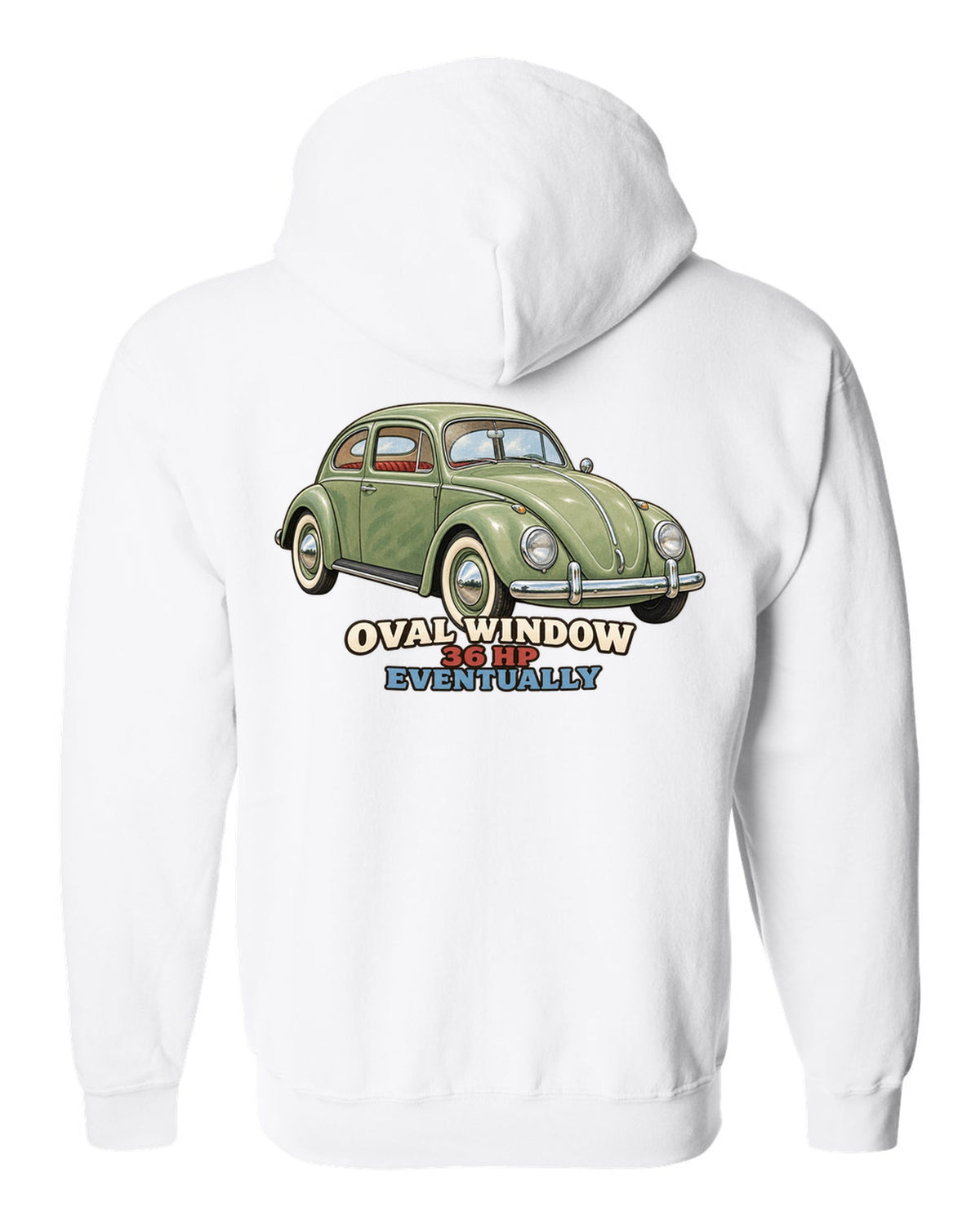 Gouache painted print of a 1956 VW Beetle Type 1 oval window with 36 HP lettering white zip hoodie back view with the design