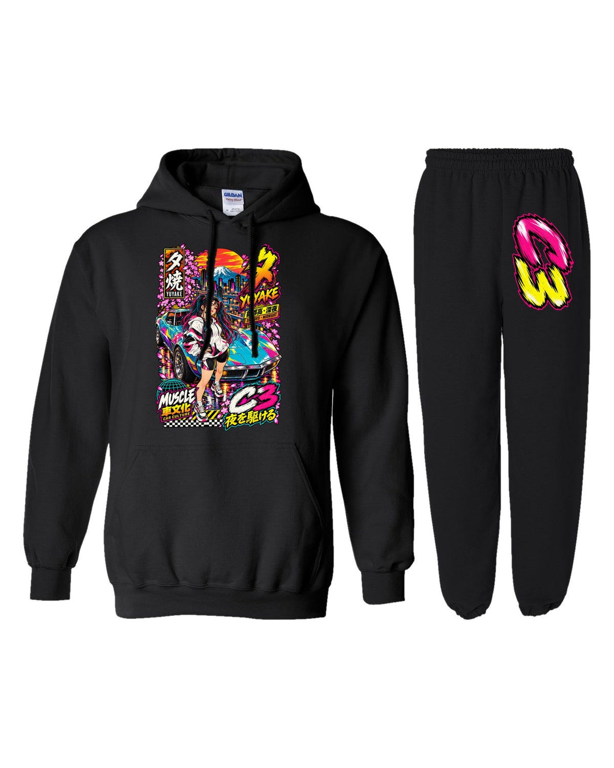 C3 Yuyake Anime Girl Poster Hoodie + Jogger Set black hoodie and sweatpants