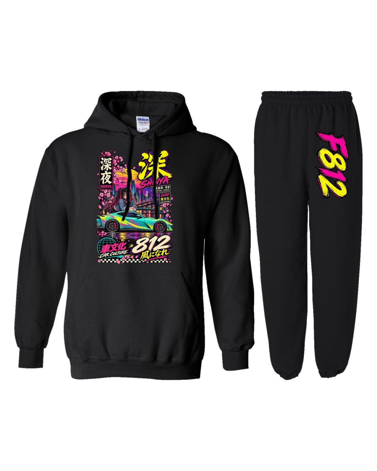 F812 Shinya Anime Girl Poster Hoodie + Jogger Set black hoodie and sweatpants