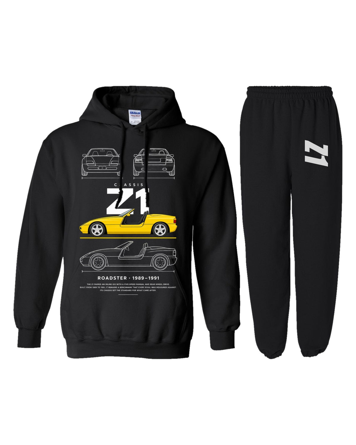 BMW Z1 Blueprint Hoodie + Jogger Set black hoodie and sweatpants