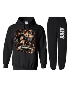Toyota AE86 Anime Girl Hoodie + Jogger Set black hoodie and sweatpants