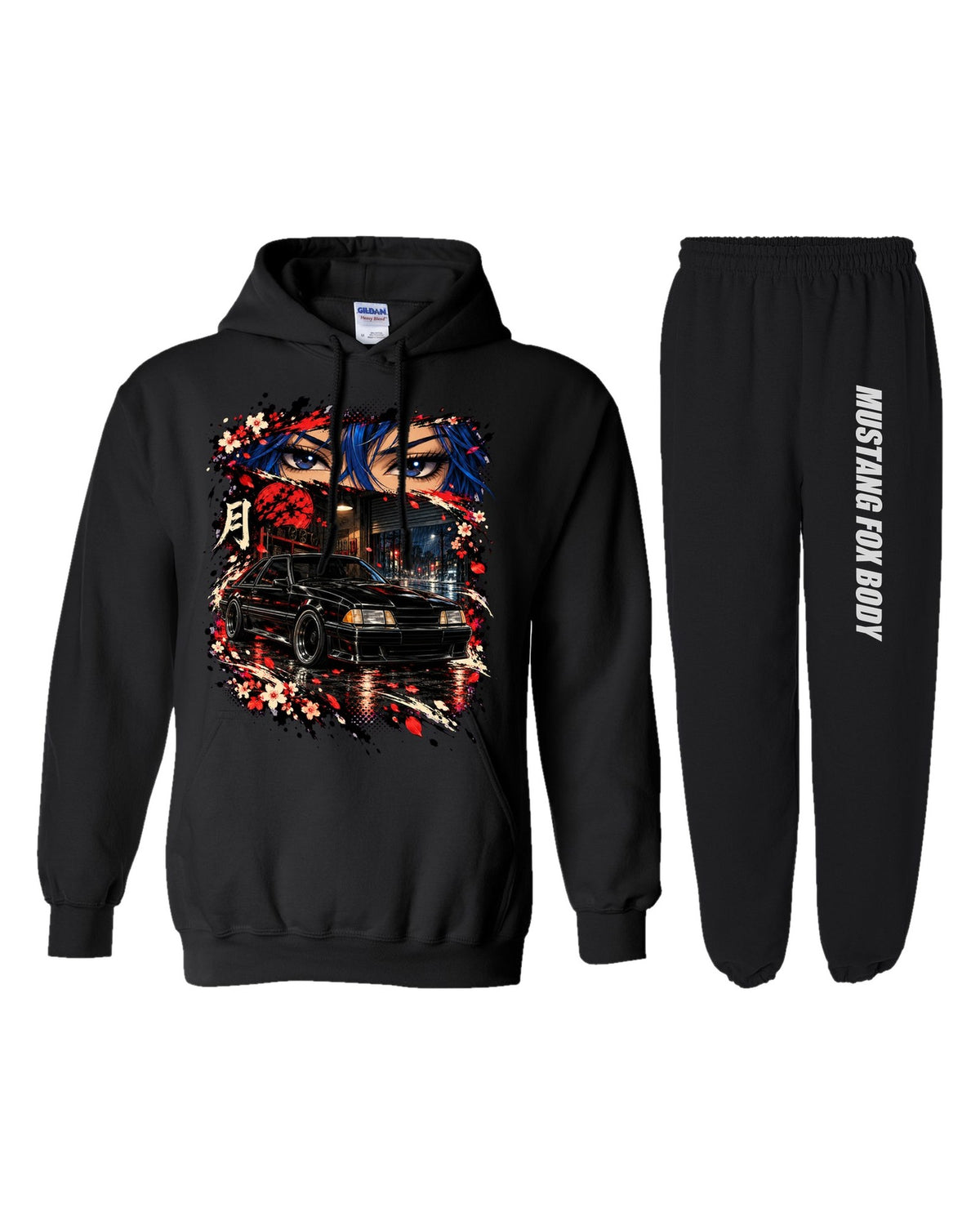 Ford Mustang FOX Body Anime Girl Hoodie + Jogger Set black hoodie and sweatpants
