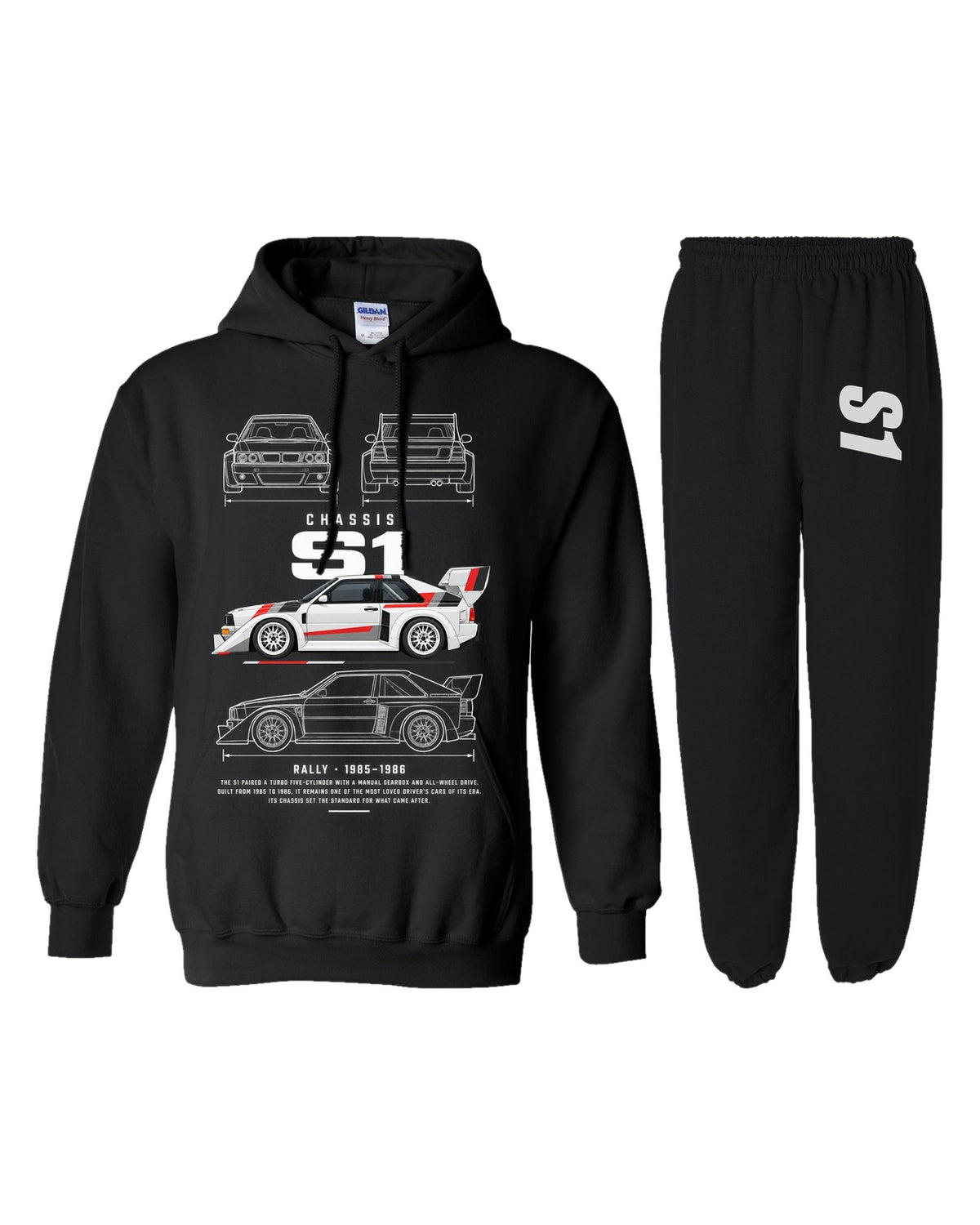 Audi S1 Blueprint Hoodie + Jogger Set black hoodie and sweatpants