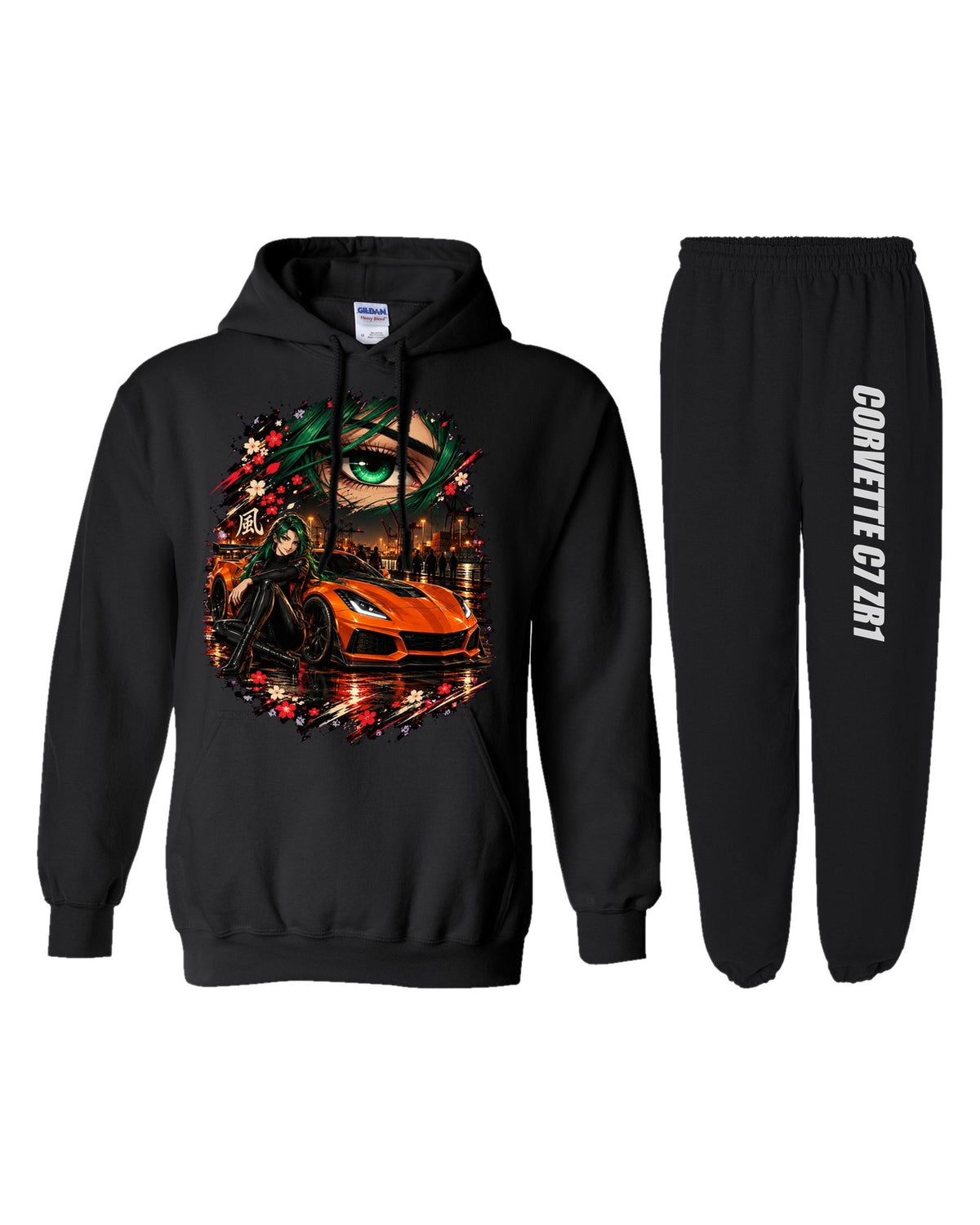 Chevrolet Corvette C7 ZR1 Anime Girl Hoodie + Jogger Set black hoodie and sweatpants