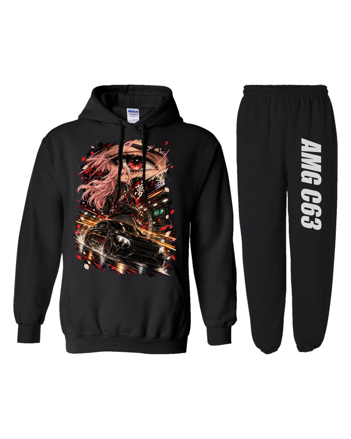 Mercedes AMG C63 Anime Girl Hoodie + Jogger Set black hoodie and sweatpants