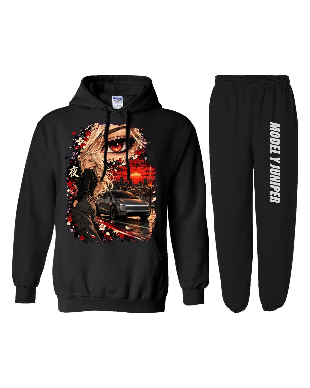 Tesla Model Y Juniper Anime Girl Hoodie + Jogger Set black hoodie and sweatpants