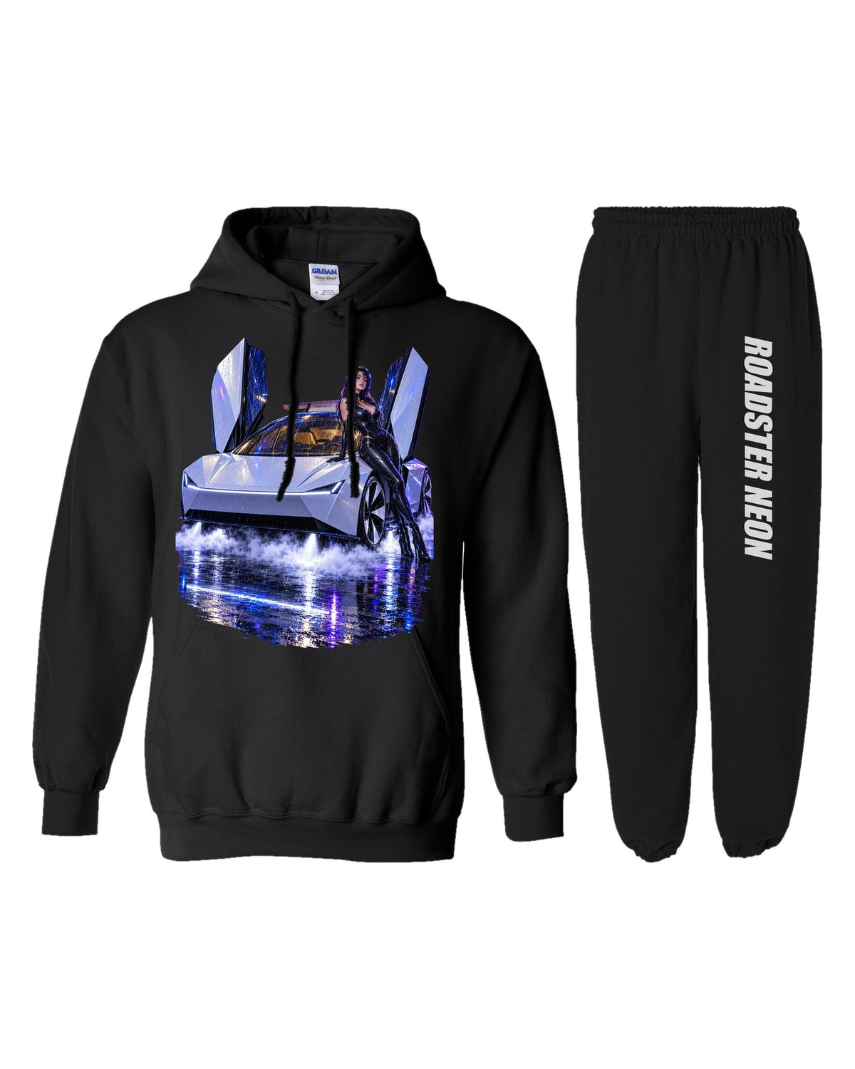 Tesla Roadster Neon Anime Girl Hoodie + Jogger Set black hoodie and sweatpants