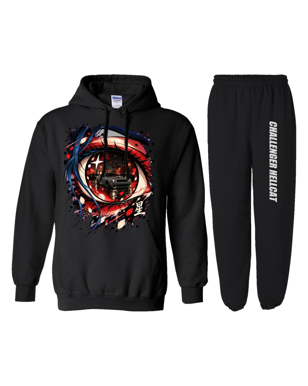 Dodge Challenger Hellcat Anime Girl Hoodie + Jogger Set black hoodie and sweatpants