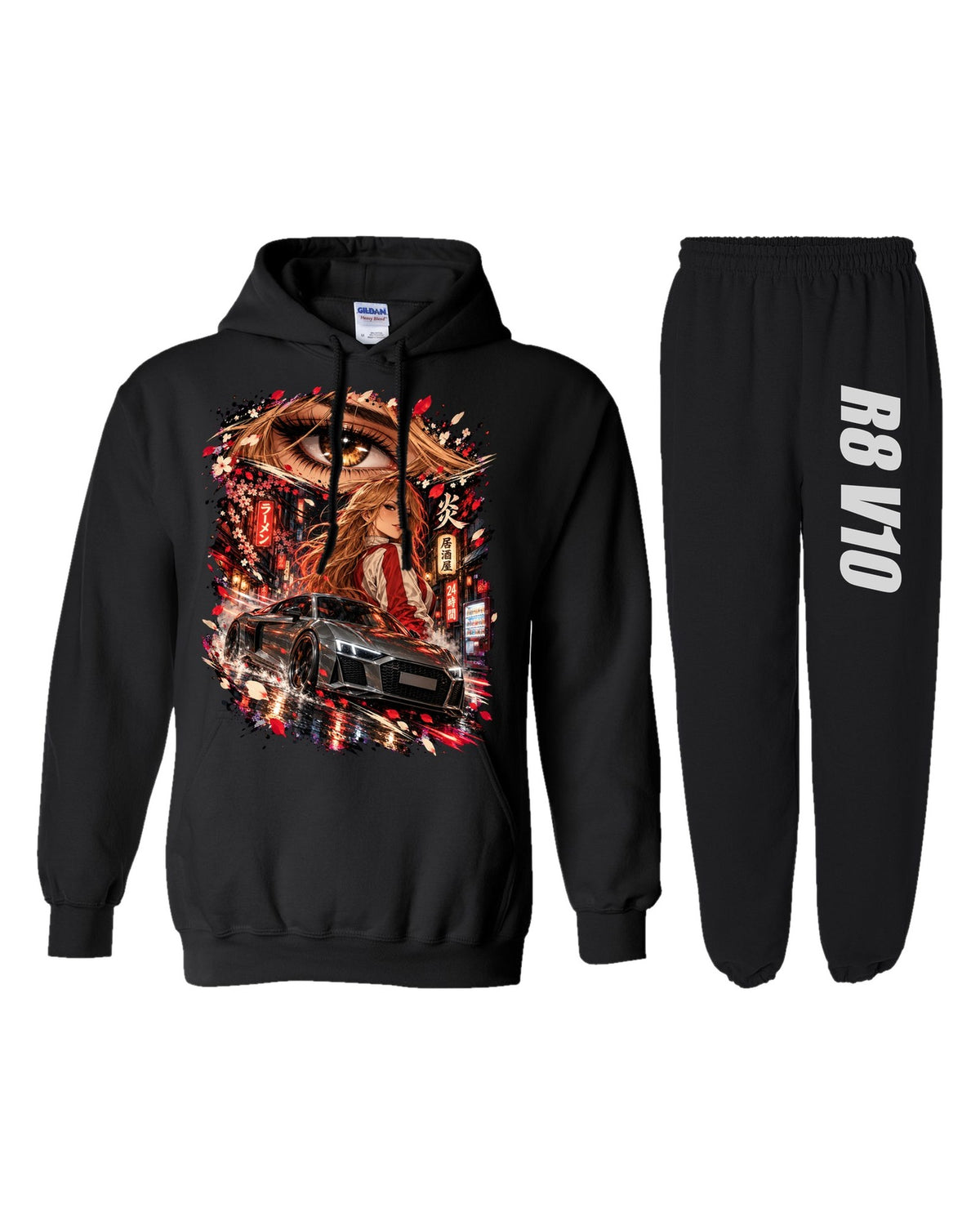 Audi R8 V10 Anime Girl Hoodie + Jogger Set black hoodie and sweatpants