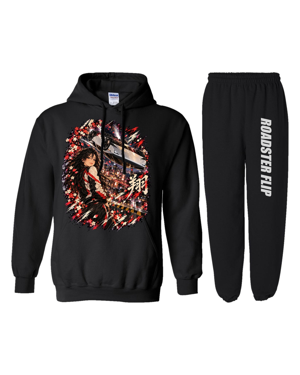 Tesla Roadster Flip Anime Girl Hoodie + Jogger Set black hoodie and sweatpants