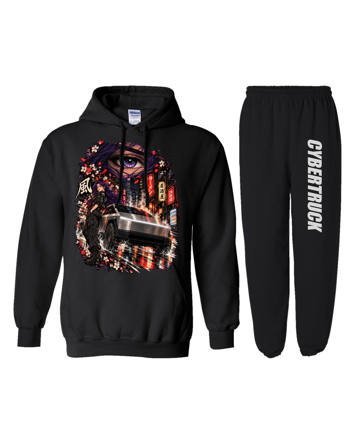 Tesla Cybertruck Anime Girl Hoodie + Jogger Set black hoodie and sweatpants