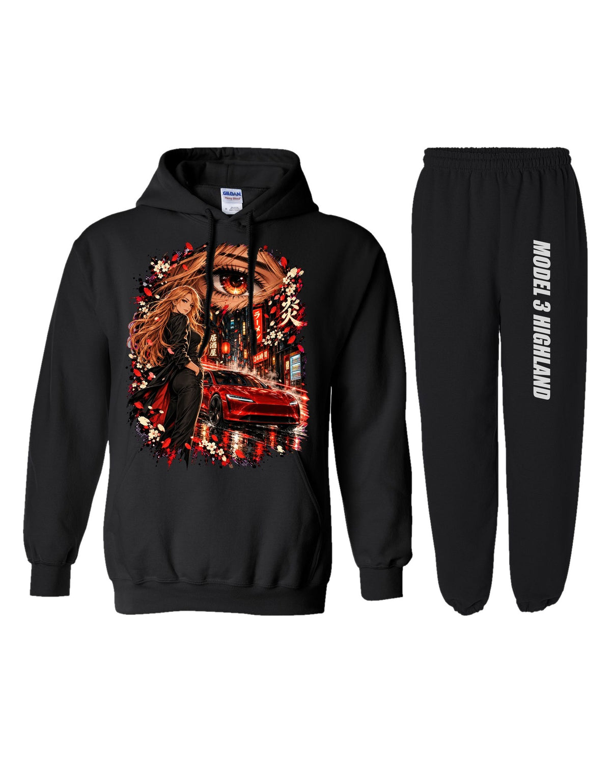 Tesla Model 3 Highland Anime Girl Hoodie + Jogger Set black hoodie and sweatpants