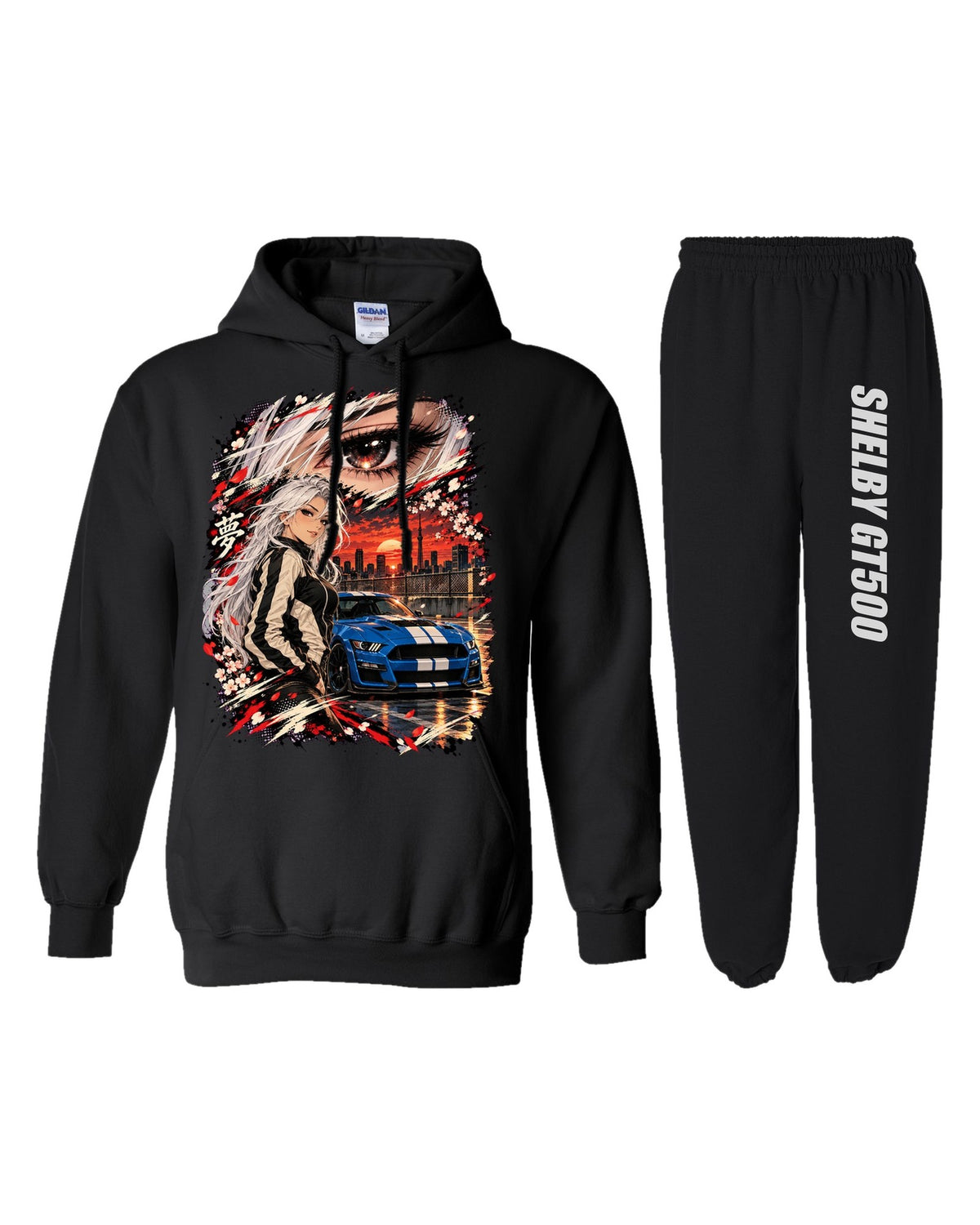 Ford Mustang Shelby GT500 Anime Girl Hoodie + Jogger Set black hoodie and sweatpants